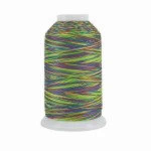 May include: A spool of multicolored embroidery thread with a green, purple, and yellow color scheme.
