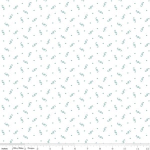 May include: White fabric with a repeating pattern of teal-colored floral and swirl designs. Small teal dots are scattered throughout the pattern. The fabric is measured in inches.