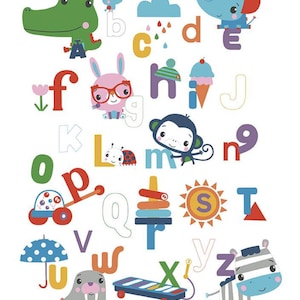 May include: A colorful alphabet chart with illustrations of animals and objects for each letter. The chart features a green alligator for A, a blue bird for B, a yellow cloud with raindrops for C, a purple elephant for D, a red and blue penguin for E, a pink flower and letter F, a pink bunny for G, a green letter H, a blue hat for I, a pink ice cream cone for J, a yellow letter K, a ladybug and letter L, a monkey for M, a pink letter N, a green letter O, a red toy wagon for P, a white letter Q, a red stacking toy for R, a yellow sun for S, a red triangle for T, a blue umbrella for U, a yellow letter V, a rainbow letter W, a blue toy xylophone for X, a yellow letter Y, and a zebra for Z.