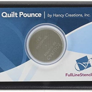 May include: A black rectangular package with the text "Quilt Pounce" and "by Hancy Creations, Inc." in white. A circular object is centered, surrounded by a clear plastic ring. The website FullLineStencil.com is visible.