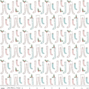 May include: A white background with a repeating pattern of pink and blue striped stockings with a small sprig of holly at the top of each stocking.