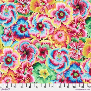May include: A vibrant fabric featuring a repeating pattern of large, colorful hibiscus flowers. The flowers display a range of colors, including pink, red, yellow, orange, blue, and green. The fabric has a brown background and the text "Free Spirit Fabrics" is visible.