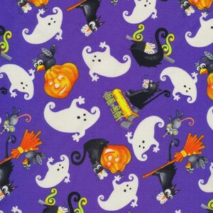May include: Purple fabric with a repeating pattern of black cats, white ghosts, orange pumpkins, and mice. The fabric also features a black cat reading a book titled "Witch's Brew" and a black cat riding a broom.