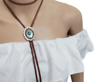 Silver bolo tie/turquoise bolo tie/bolo necklace/Concho western jewelry/gifts for her/Indian, leather, cowboy bolo tie necklace/neck tie