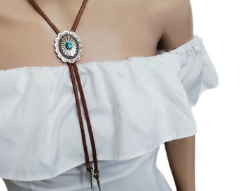 Women's bolo necklace-Western bolo tie necklace-turquoise gemstone neck tie necklace-carved flower Concho bolo necklace-western gift for her