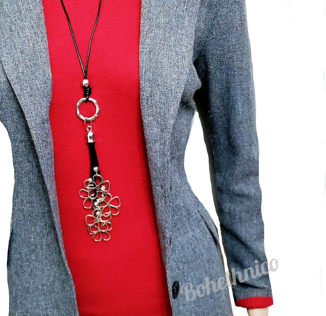 Women Long Necklace Silver Flowers Pendant Necklace Extra Large Chunky