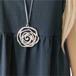 Big swirl spiral shape rose flower pendant long necklace for women flower jewellery silver boho leather necklace statement necklace Etsy