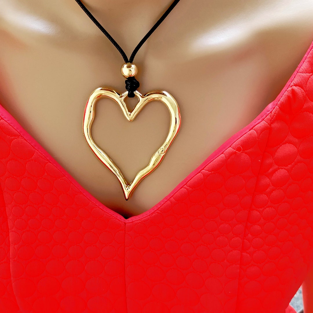 Gold, Hollow Heart Long Pendant Necklace for Women Fashion Jewellery ...
