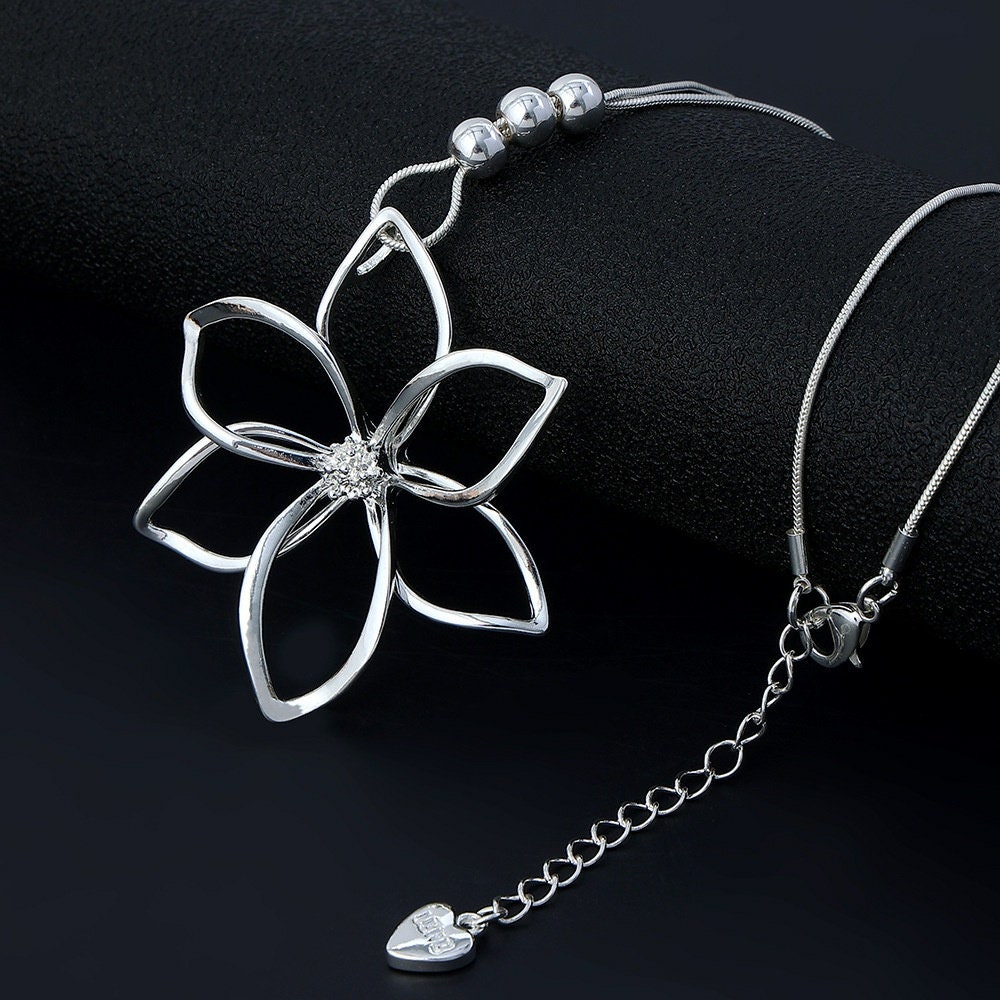 Gold, Silver Lily Flower Jewelry for Women Long Necklace With Lily Blossom Flower Pendant Long