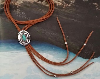 Western bolo necklace/turquoise gemstone concho necklace/leather tassel fringe pendant necklace/boho jewelry native American western jewelry