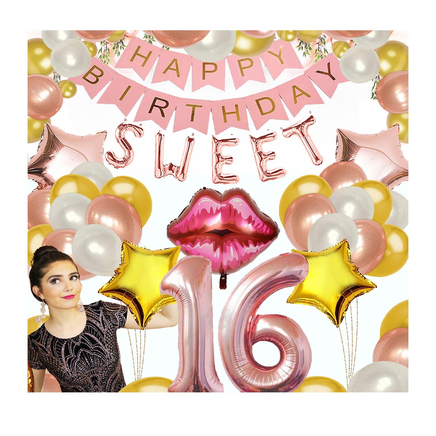 Sweet 16 Birthday Bundle Decorations Happy Birthday Sixteen Rose Banner Balloons Sweet 16 Birthday Bundle Decorations Happy Birthday Sixteen Rose Banner Balloons
