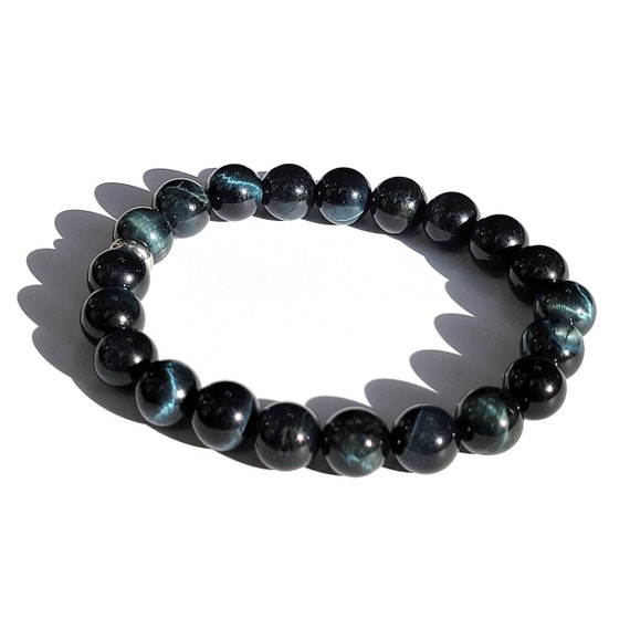 Grayish Blue Tiger Eye Gemstone Stretch Bead Bracelet Chakra
