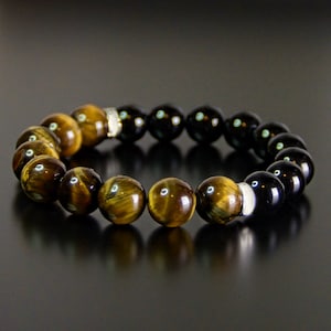 Tiger Eye & Black Obsidian Double Protection Stretch Bead Bracelet Gemstone Crystal Gift for Men and Women 8mm 10mm