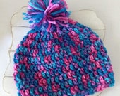 0-3 month handmade crochet multi color hat with pompom
