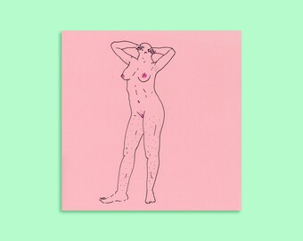 Original Drawing • 12" x 12" Pink Nude with Sad Face • Erotic Feminist Art