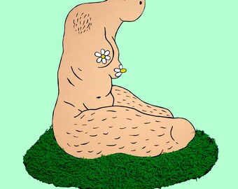 Original Shaped-Panel Painting • Nude Figure w/ Daisy Nipples, Body Hair + Grass • Contemporary + Surreal