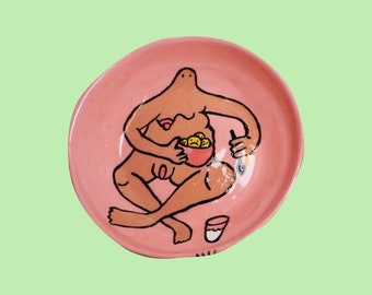 Ceramic Dish • Nude Figure Eating Milk + Cookies • Weird Erotic Art