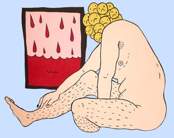 Original Shaped-Panel Painting • Nude Figure w/ Top Surgery, Body Hair, Blood + Sad Faces • Contemporary + Surreal