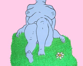 Original Shaped-Panel Painting • Nude Figure w/ Breasts, Grass, Daisy Flower, + Pastel Skin • Contemporary + Surreal