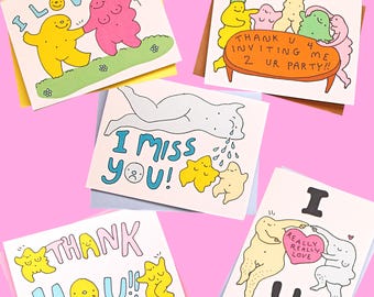 Set of 5 Greeting Cards • Whimsical Nude Figures • Themes: Thank you, I miss you, Valentine's Day + Party! with Envelopes!