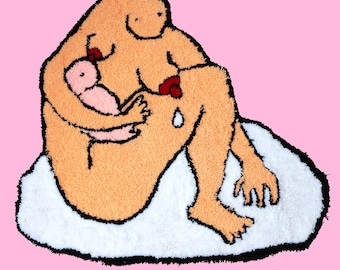Decorative Rug • Nude Figure Nursing Baby • Fiber Art + Wall-Hanging
