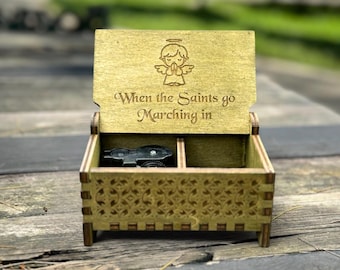 When the Saints Go Marching In Wooden Music Box | Custom Engraving | Wind-up & Hand-crank Model | Perfect Religious Gift | For the Faithful