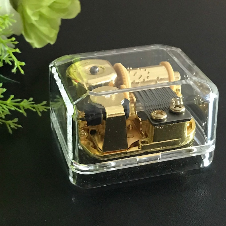 Op de afbeelding: Een transparante muziekdoos van plastic met een gouden muziekinstrument erin. Het mechanisme heeft een opwindsleutel en een kleine bel.