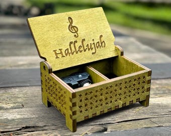 Hallelujah Wooden Music Box | Custom Engraving | Wind-up Model | Keepsake Compartment | Perfect Religious Gift For the Faithful | Baptism
