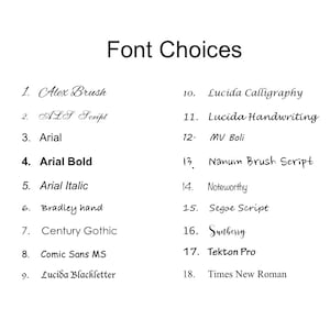 May include: A list of 18 different font choices, numbered 1 through 18. The font names are listed in black text on a white background.