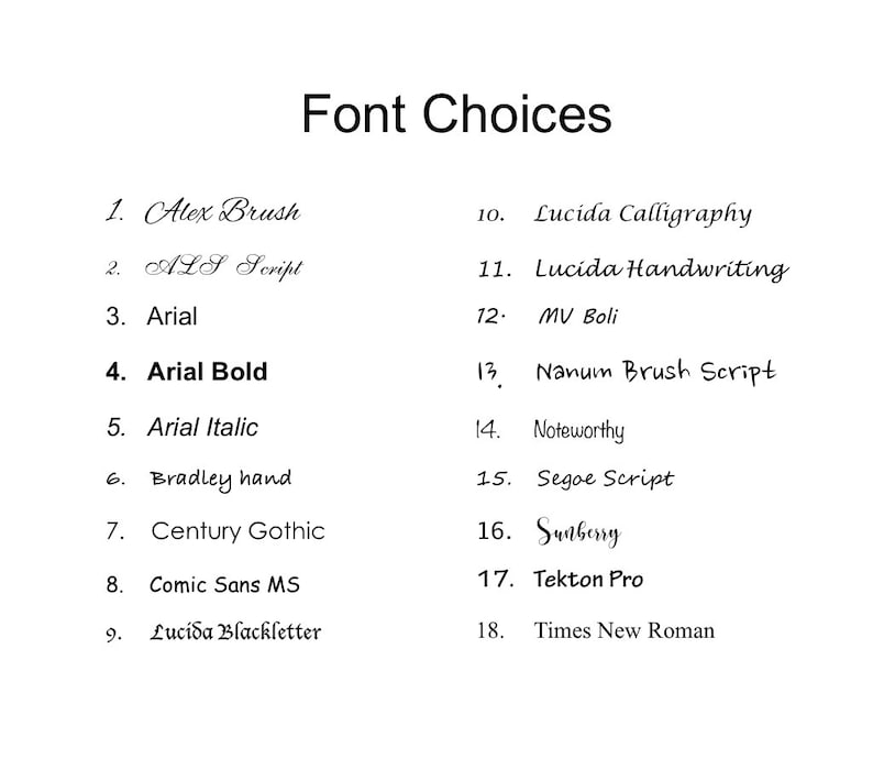 May include: A list of 18 different font choices, numbered 1 through 18. The font names are listed in black text on a white background.