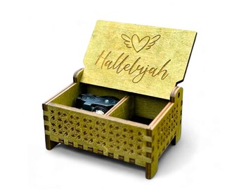 Hallelujah Wooden Music Box | Custom Engraving | Wind-up Model | Keepsake Compartment | Perfect Religious Gift for the Faithful | Baptism