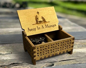 Away In A Manger Wooden Music Box | Keepsake Compartment | Wind-up & Hand-crank Model | Perfect Christmas Gift | Gift for the Faithful