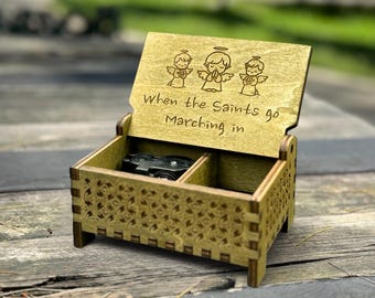 When the Saints Go Marching In Wooden Music Box | Custom Engraving | Wind-up & Hand-crank Model | Perfect Religious Gift | For the Faithful
