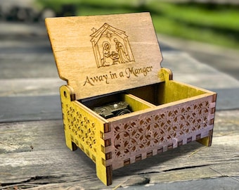 Away In A Manger Wooden Music Box | Keepsake Compartment | Wind-up & Hand-crank Model | Perfect Christmas Gift | Gift for the Faithful
