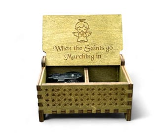 When the Saints Go Marching In Wooden Music Box | Custom Engraving | Wind-up & Hand-crank Model | Perfect Religious Gift | For the Faithful