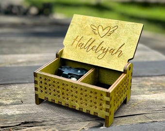Hallelujah Wooden Music Box | Custom Engraving | Wind-up Model | Keepsake Compartment | Perfect Religious Gift for the Faithful | Baptism