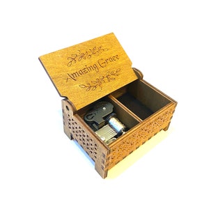 Amazing Grace | Wooden Music Box | Keepsake Compartment | Wind-up & Hand-crank Version | Custom Engraving | Perfect Gift for Christians