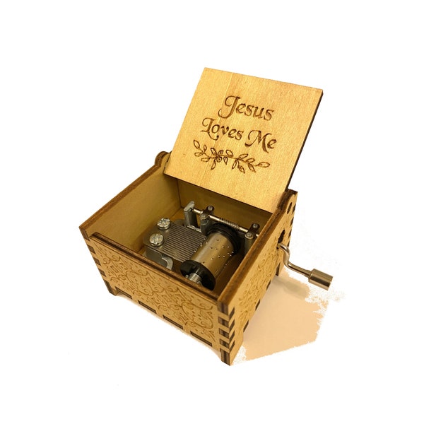 Jesus Loves Me | Wind-up and Hand-crank Wooden Music Box | Custom Engraving | Perfect Gift for Church Music-lovers!