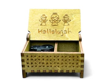 Hallelujah Wooden Music Box | Custom Engraving | Wind-up Model | Keepsake Compartment | Perfect Religious Gift for the Faithful | Baptism