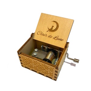 Clair de Lune, pequeña y linda caja de música de madera, con manivela, grabado personalizado, ¡regalo de cumpleaños perfecto para los amantes de la música!