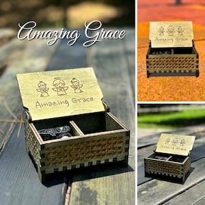 Amazing Grace | Wooden Music Box | Keepsake Compartment | Wind-up & Hand-crank Version | Custom Engraving | Perfect Gift for the Faithful!