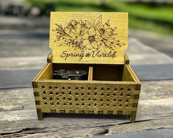Spring by Vivaldi Wooden Music Box | Keepsake Compartment | Wind-up & Hand-crank Model | Perfect Gift for the Classical Music Lovers