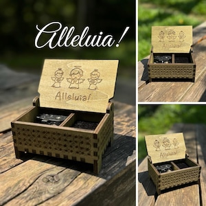 Alleluia | Wooden Music Box | Keepsake Compartment | Wind-up & Hand-crank Version | Custom Engraving | Perfect Gift for the Faithful