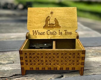 What Child is This Wooden Music Box | Keepsake Compartment | Wind-up Model | Perfect Christmas Gift | Gift for the Faithful | Greensleeves