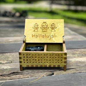 Hallelujah Wooden Music Box | Custom Engraving | Wind-up Model | Keepsake Compartment | Perfect Religious Gift for the Faithful | Baptism
