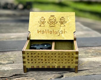 Hallelujah Wooden Music Box | Custom Engraving | Wind-up Model | Keepsake Compartment | Perfect Religious Gift for the Faithful | Baptism