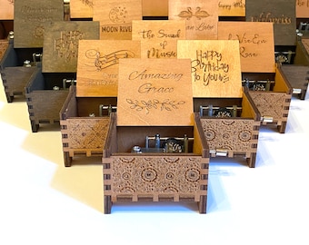 Hand-cranked Square-shaped Wooden Music Box | Custom Engraving | Selection of Over 100 All-time-favorite Pop-jazz Classics | Free Gift Box
