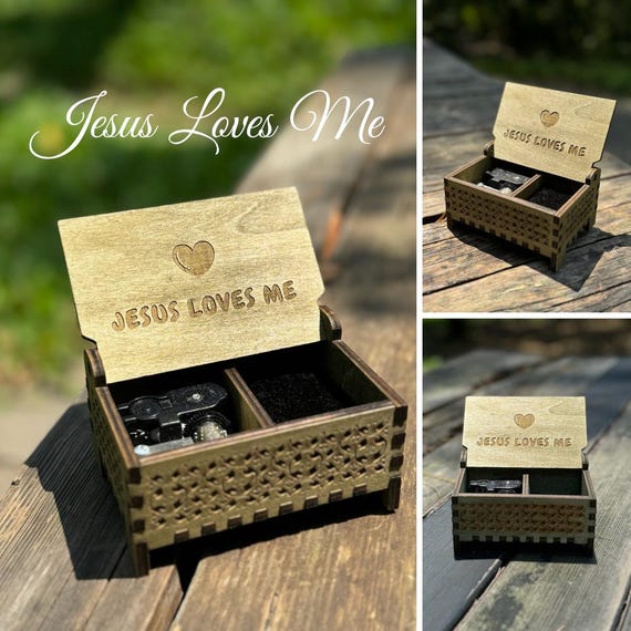 Jesus Loves Me | Wooden Music Box | Keepsake Compartment | Wind-up