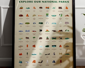 National Parks Checklist Poster, Illustrated Travel Tracker Art (16x20)
