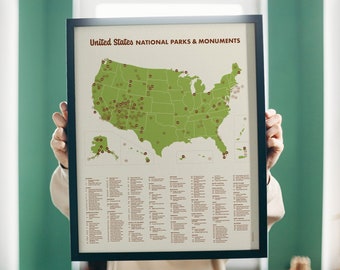 US National Parks & Monuments Checklist Poster, Travel Map Art (16x20 Print)